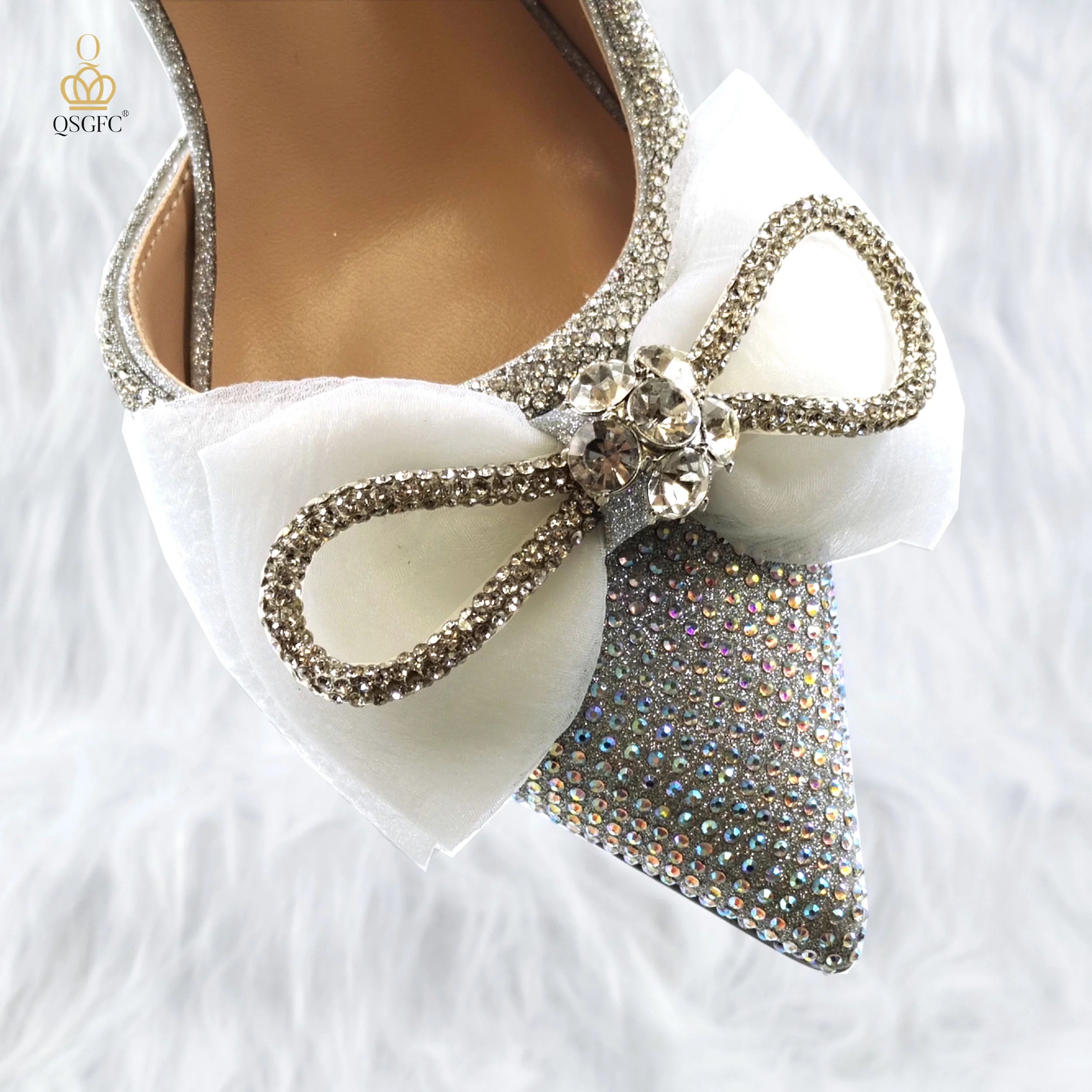 Style Rhinestone Bow Side Empty Party High Heels Pointed Toe Stiletto Heels Silver Women's Shoes And Bags