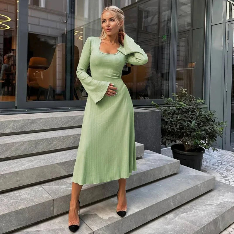 Tossy Scoop Neck Lace-Up Ribbed Maxi Dress Female Long Sleeve Fashion Slim Loose Bandage Dress Autumn 2024 Solid Women Dress New green