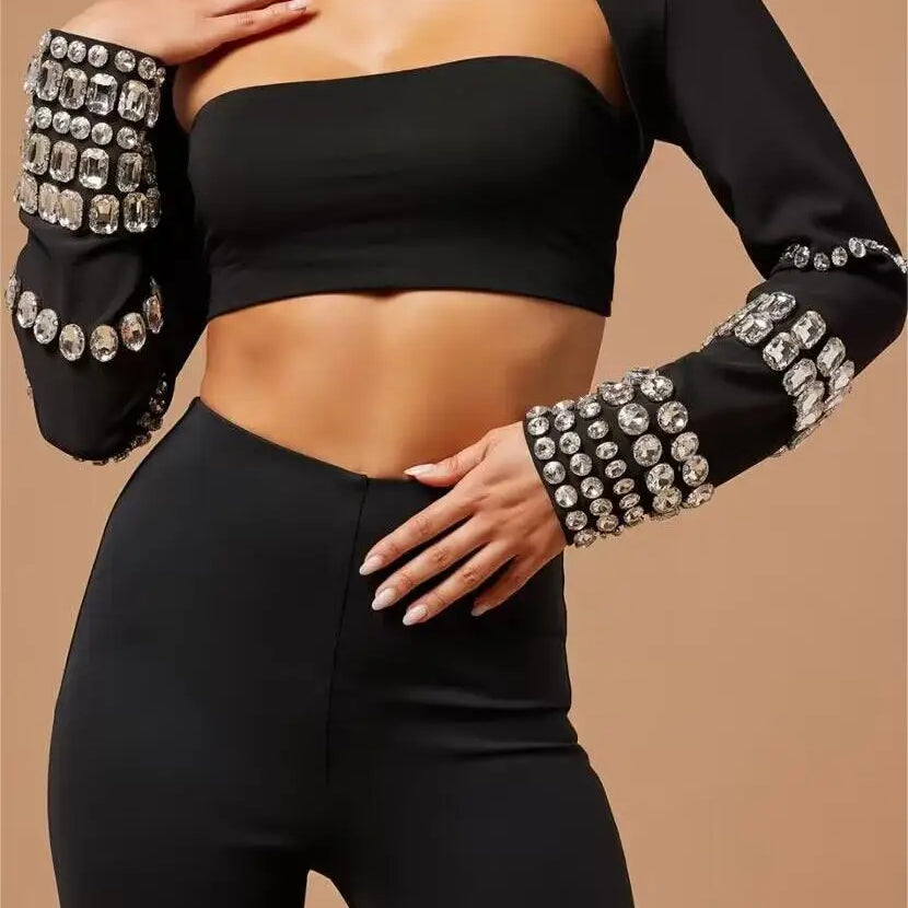 Stylish Sexy Woman Bandage Set Sparkling Diamonds Sleeve Wraps Short Strapless And Bodycon Pants 3 Pieces Evening Party Vestido