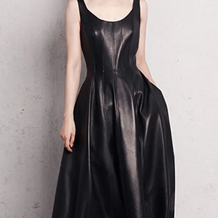 Spring Fit and Flare Soft Faux Leather Dress Elegant Luxury Red Maxi Dresses for Women 2022 long Retro Fashion Clothes