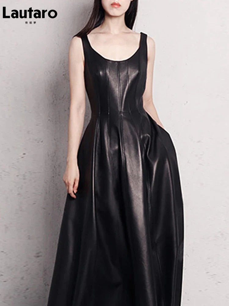 Spring Fit and Flare Soft Faux Leather Dress Elegant Luxury Red Maxi Dresses for Women 2022 long Retro Fashion Clothes