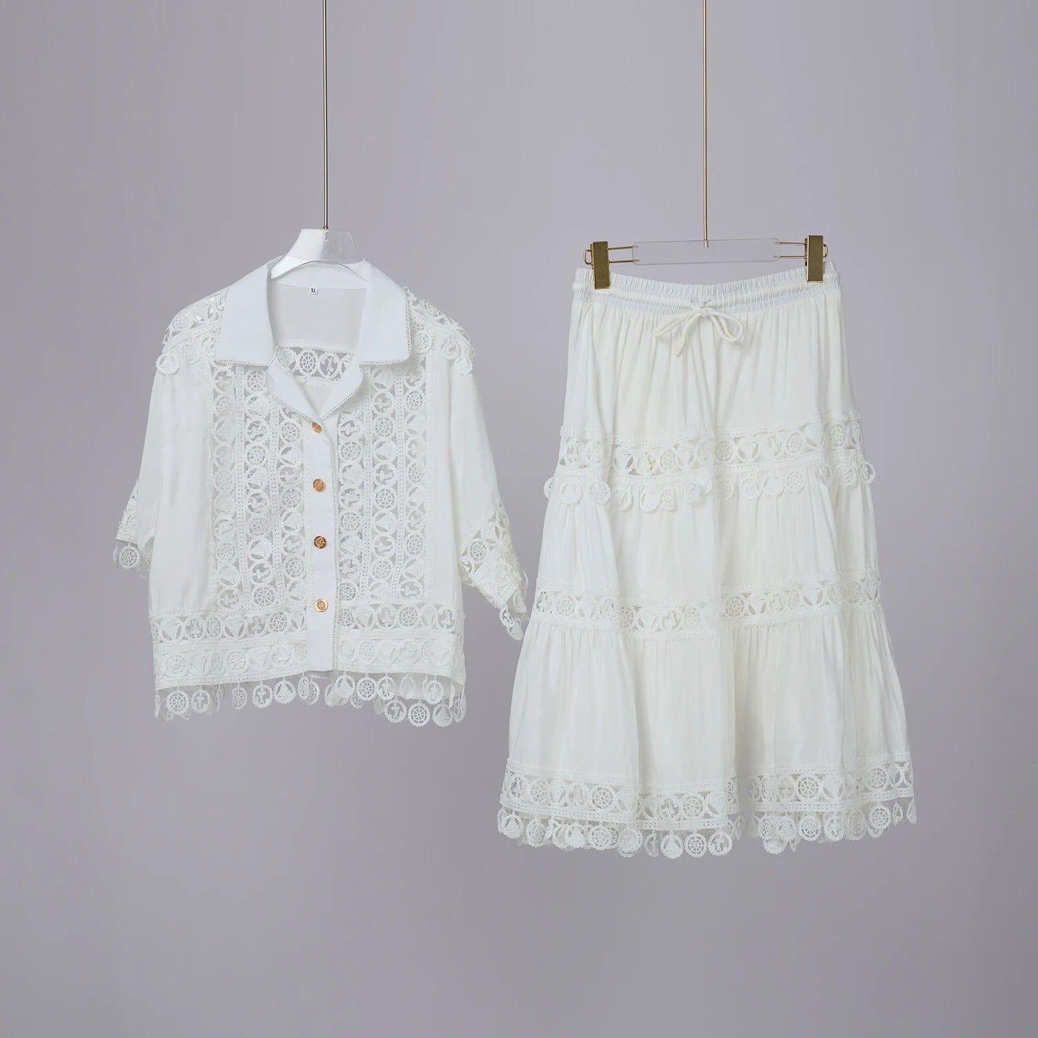 Embroidery 2 Pieces Set Women Hollow Out Loose Shirt Tops + Elastic Waist Midi Skirts Suit Summer Vacation Lace Ladies Outfit