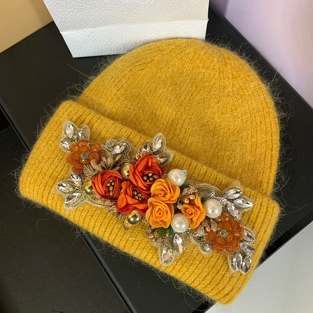 Casual Outdoor Warm Ear Protection Skiing Knitted Cap Luxury Winter Women Beanie Hat Crystal Rabbit Fur Knitted Hat for Women Ginger