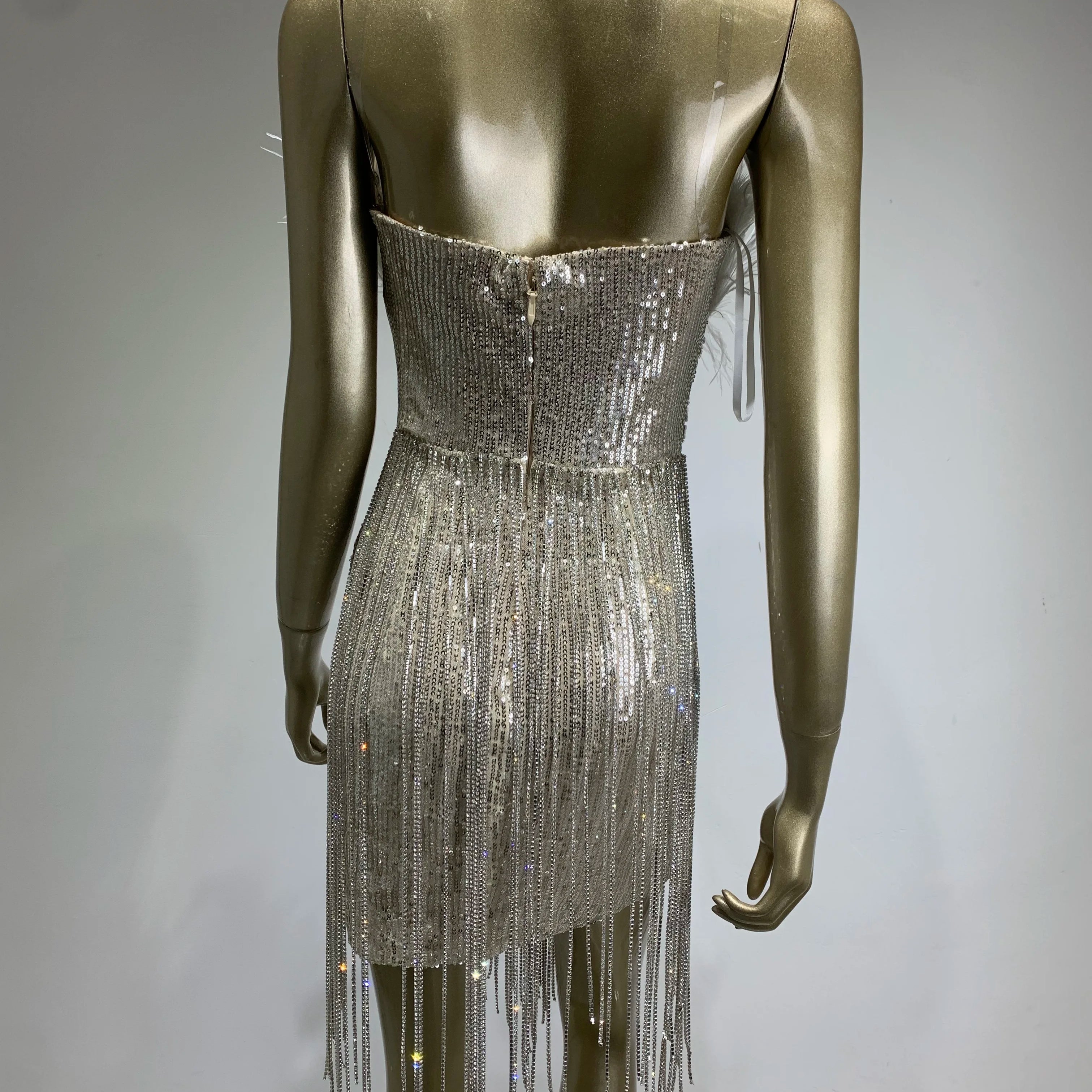 Women Summer Sexy Strapless Backless Mirror Feather Diamonds Sparkly Mini Bodycon Dress 2024 Elegant Evening Party Dress Vestido