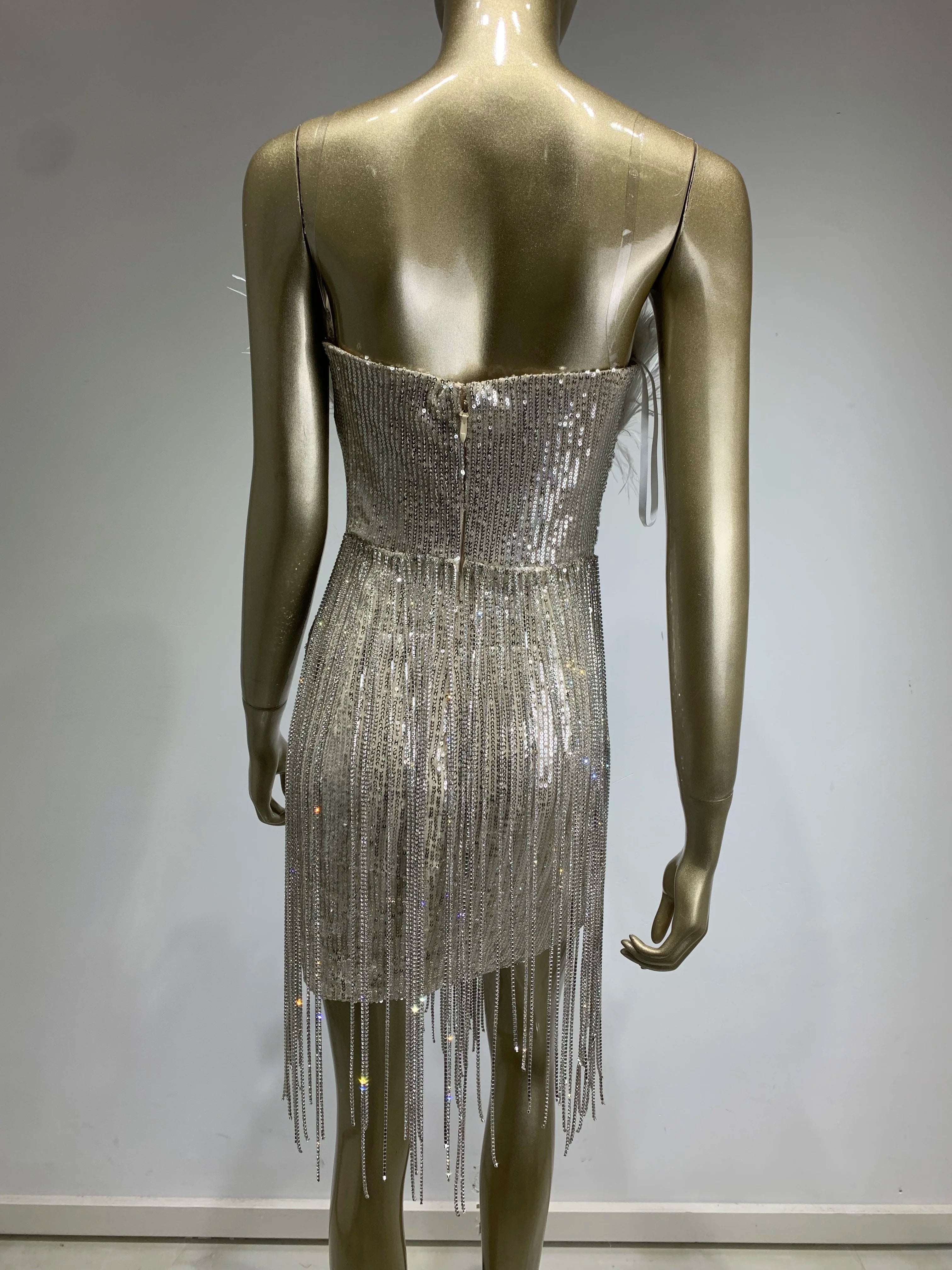 Women Summer Sexy Strapless Backless Mirror Feather Diamonds Sparkly Mini Bodycon Dress 2024 Elegant Evening Party Dress Vestido