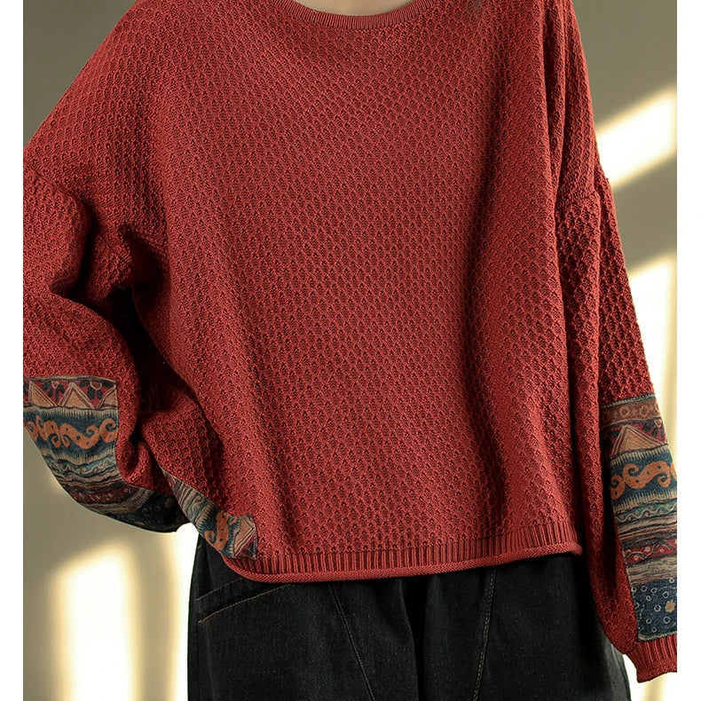 Vintage Print Patchwork Sweater Spring Fall Fashion Women's Loose Casual Long Sleeve Knitting Pullovers Female Elegance Knitwear