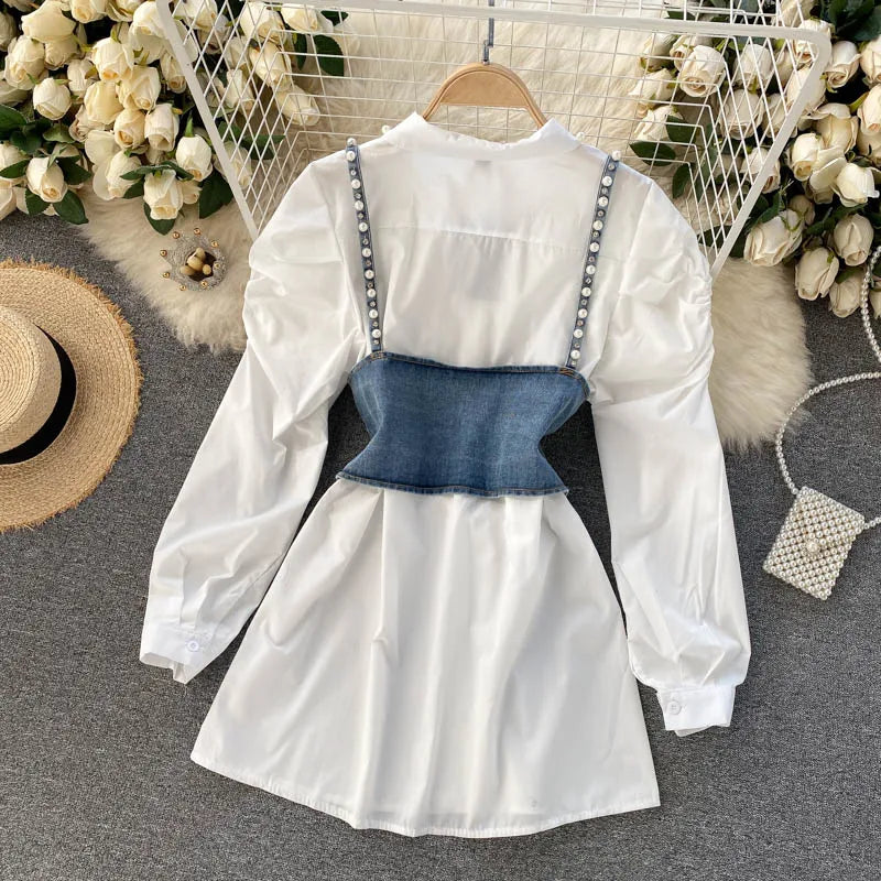 High-End White Shirt Dress Female Lapel Diamond Pearl Luxury Shirt Short Denim Vest Chic Two Piece Sets Female Fashion