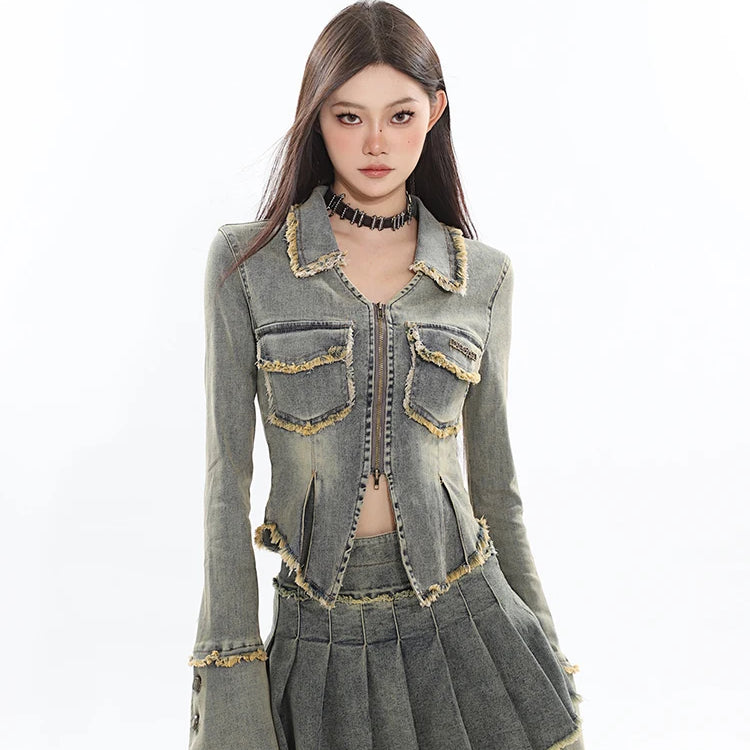 Fall Women Korean Fashion Vintage Tide Denim Rave Outfits 2 Piece Set Long Sleeve Jean Jacket + Y2K Gyaru Mini Pleated Skirts