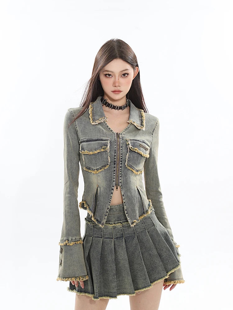 Fall Women Korean Fashion Vintage Tide Denim Rave Outfits 2 Piece Set Long Sleeve Jean Jacket + Y2K Gyaru Mini Pleated Skirts