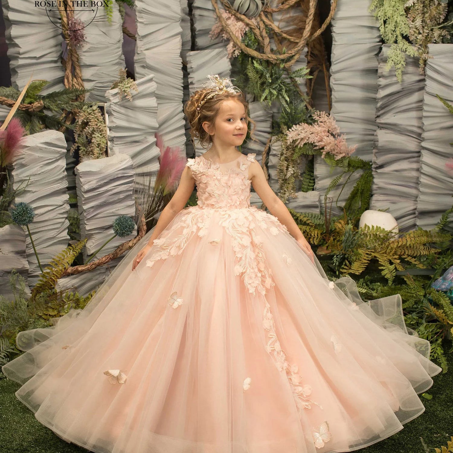 Pearl Pink Lace Flower Girl Dresses For Weddings Floral Tulle Kids Junior Bridesmaid Ball Gown First Communion Dress Wed Party