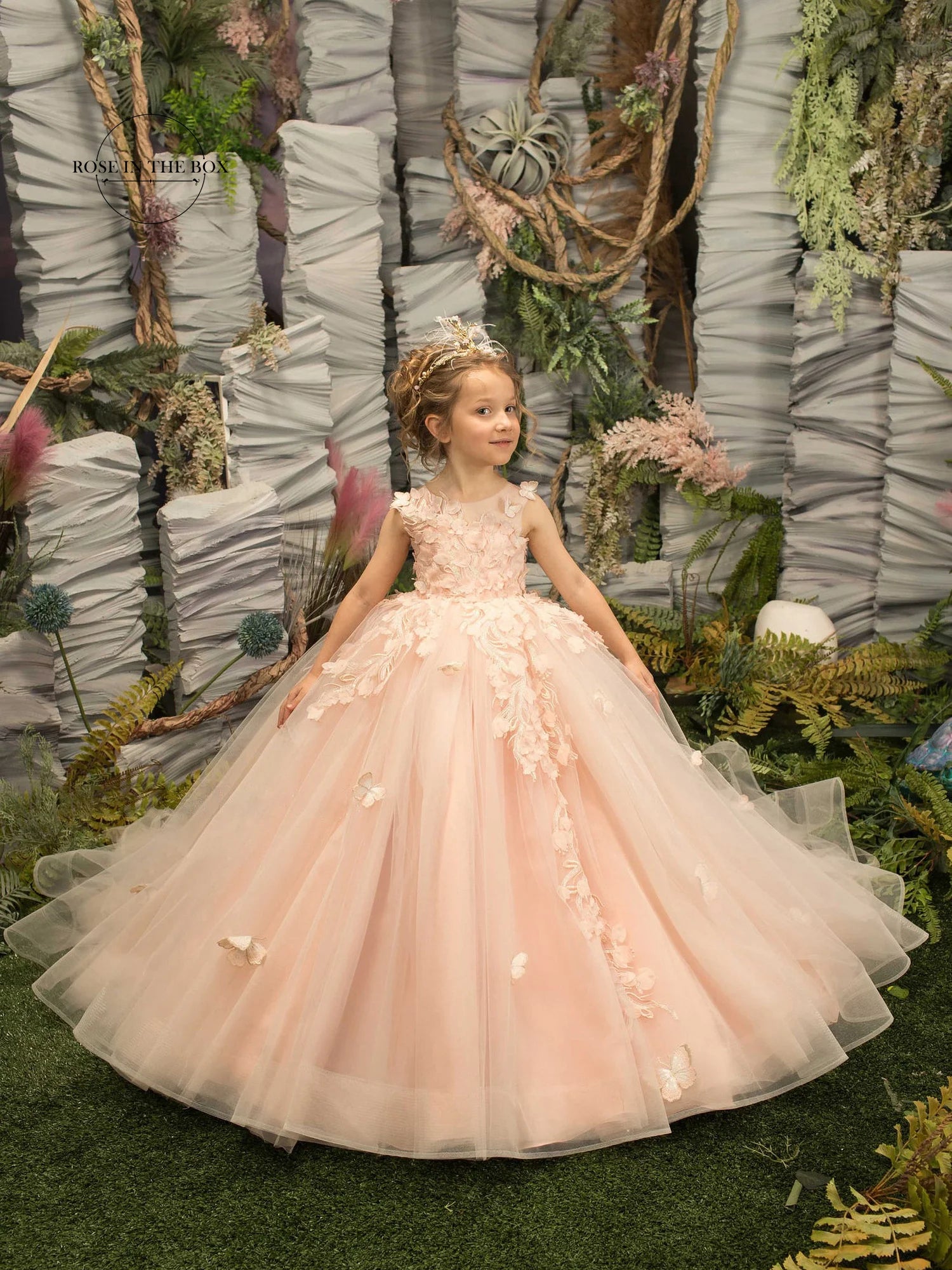 Pearl Pink Lace Flower Girl Dresses For Weddings Floral Tulle Kids Junior Bridesmaid Ball Gown First Communion Dress Wed Party