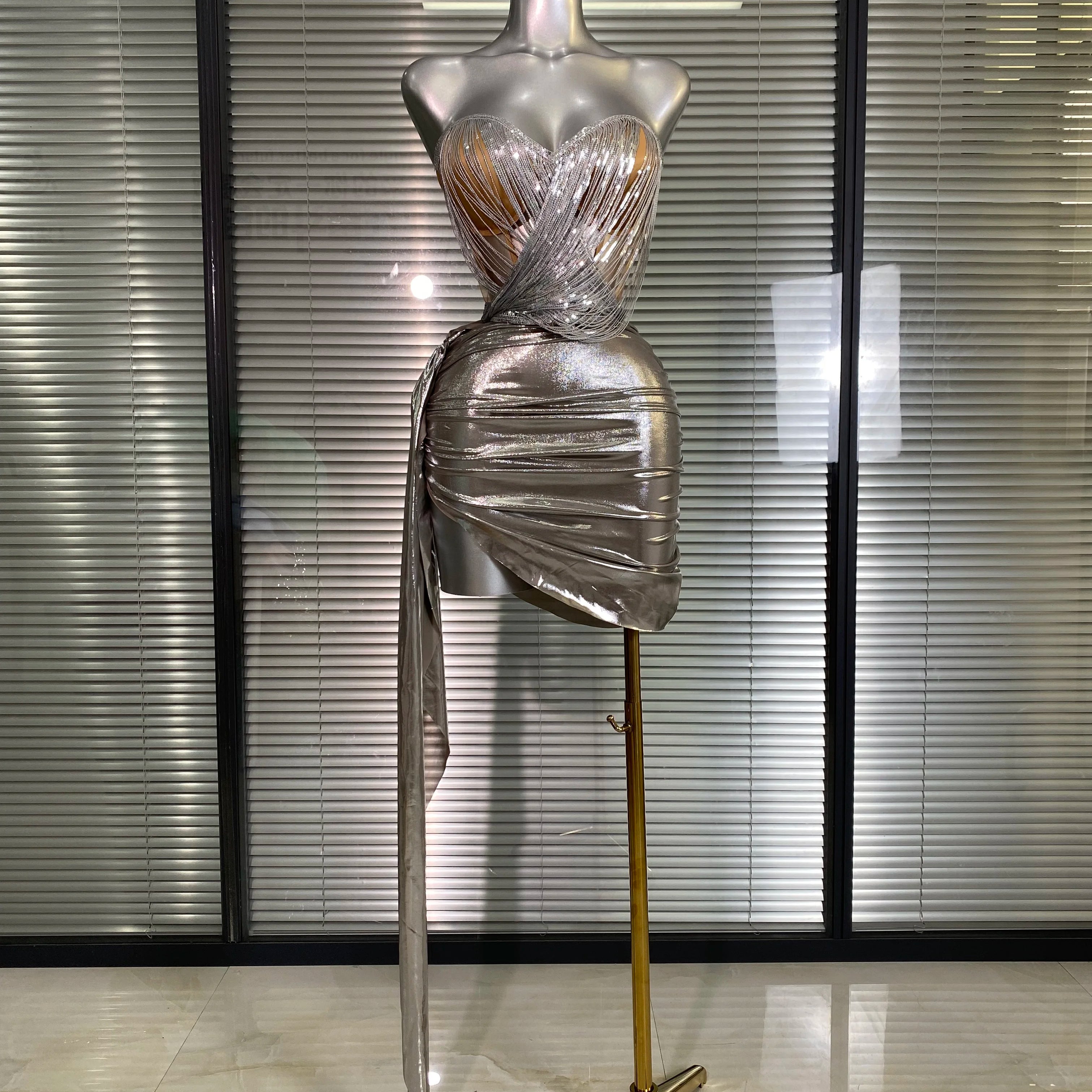 New Sexy Two Pieces Set Women Celebrity Silver Night Club Skirt Suits Laced Singer Dancer Night Club Stage Performance Costume