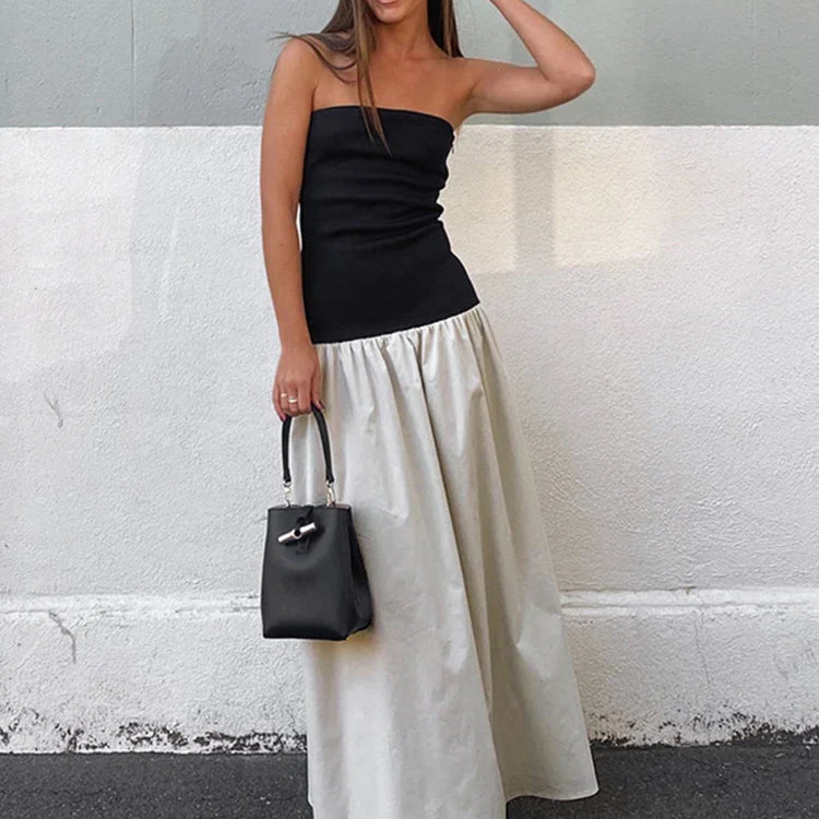 Tossy Patchwork Strapless Sleeveless Dress Women's Contrast Color A-Line High Waist Long Party Dress Fashion Outfits Female New Gray