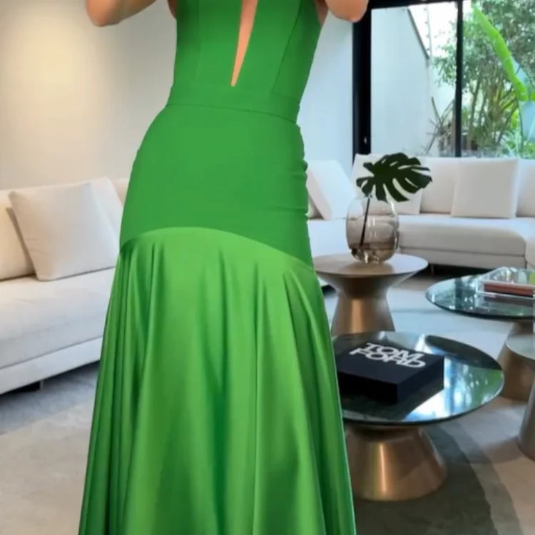 Elegant Green Patchwork Satin Long Dresses Women Fashion Off Shoulder Cut Out Pleated A-line Robe Lady Party Dresses 2025 Summer