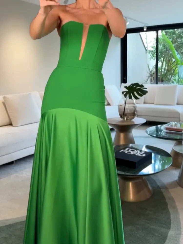 Elegant Green Patchwork Satin Long Dresses Women Fashion Off Shoulder Cut Out Pleated A-line Robe Lady Party Dresses 2025 Summer