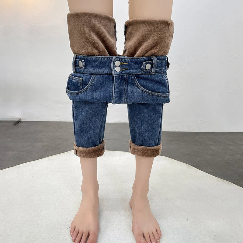 Women Winter Velvet Jeans Fleece Loose Harlan Pants Fleece Soft Comfortable Boyfriend Jeans Denim Blue Cropped Pants