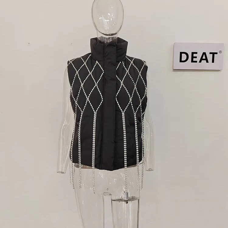 Fashion Women's Waistcoat Loose Stand Collar Single Breasted Sleeveless Plaid Diamonds Tassel Vest Winter Black