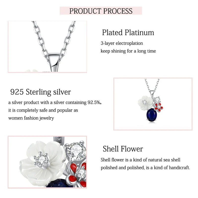 LAYA Necklace For Women White Shell Flower Shining Zircon Handmade Enamel 925 Sterling Silver Engagement Wedding Party Jewelry