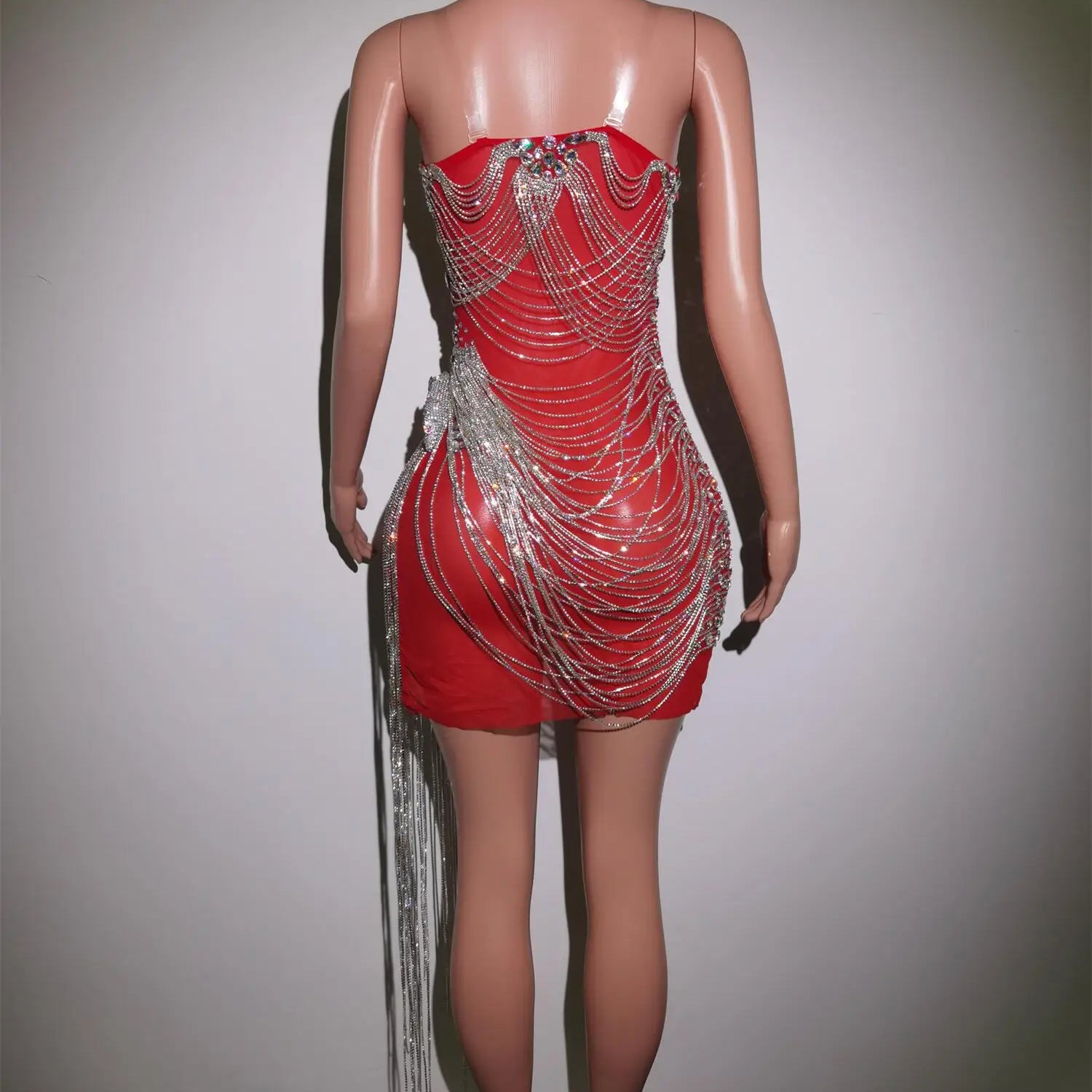 Luxurious Silver Crystals Chains Summer Dresses Women Fashion Rhinestones Fringes Performance See Through Outfit Costume Luoli