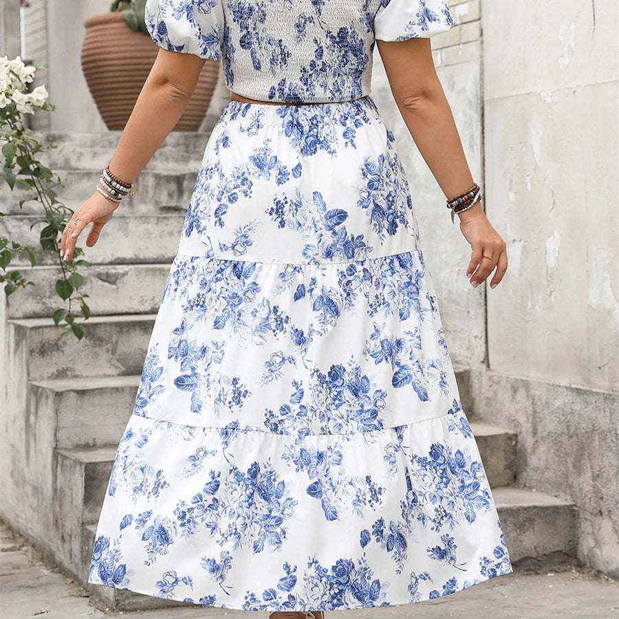 2025 Summer Womens Plus Size Skirts Outfits Floral Print V-Neck Short Sleeve Tops Elastic Waist Long Skirts Clothes 2 Pieces Set