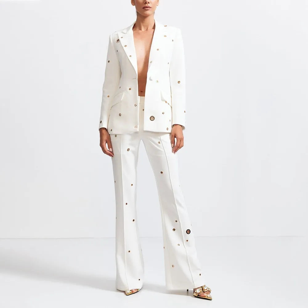 TWOTWINSTYLE Casual Hollow Out Two Piece Sets For Women Notched Collar Long Sleeve Blazer High Waist Pant Loose Set Female Style WHITE