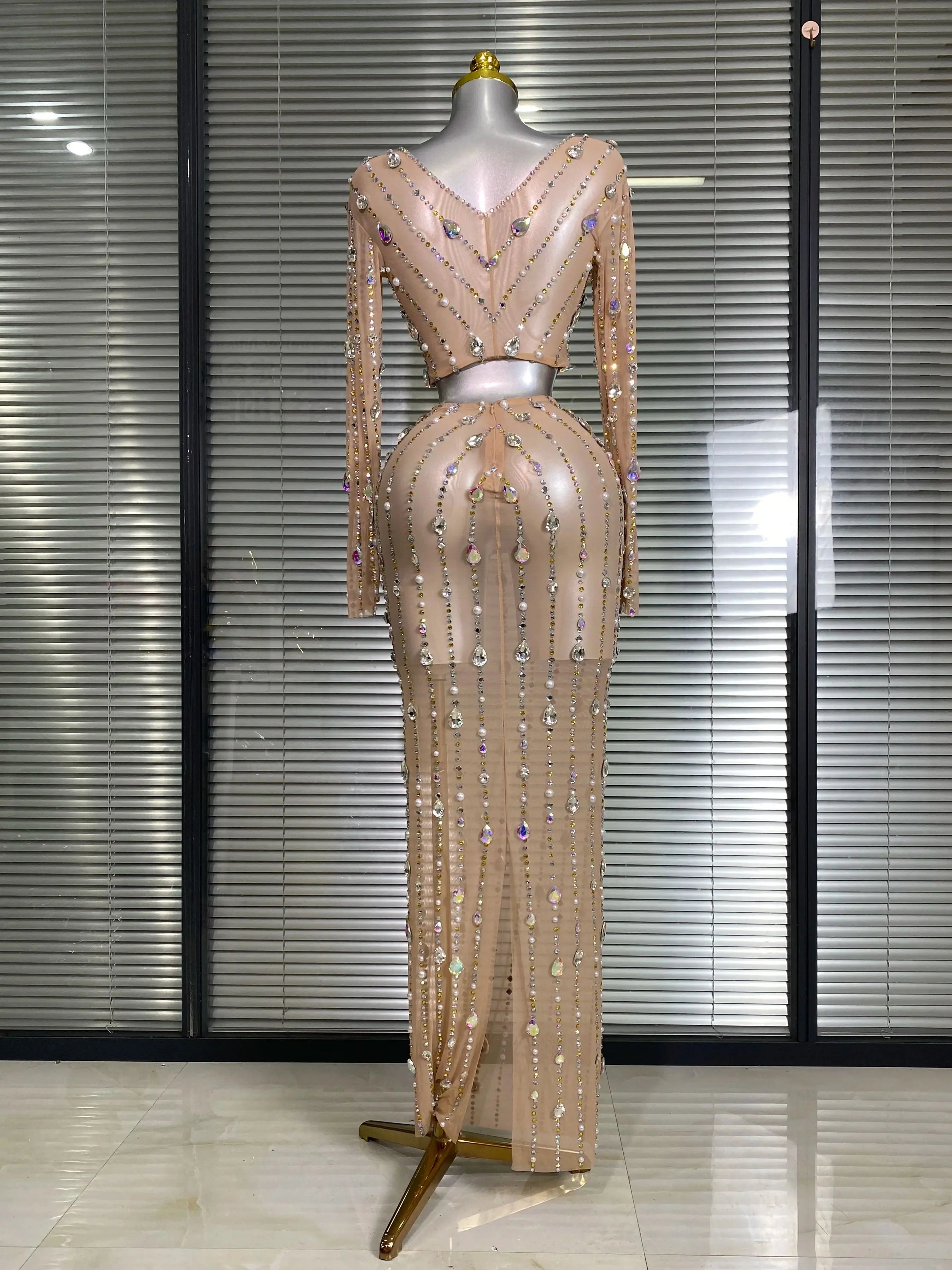 New Sexy Two Pieces Set Women Celebrity Crystal Diamond Night Club Skirt Suits Singer Dancer Tassel Stage Performance Costume