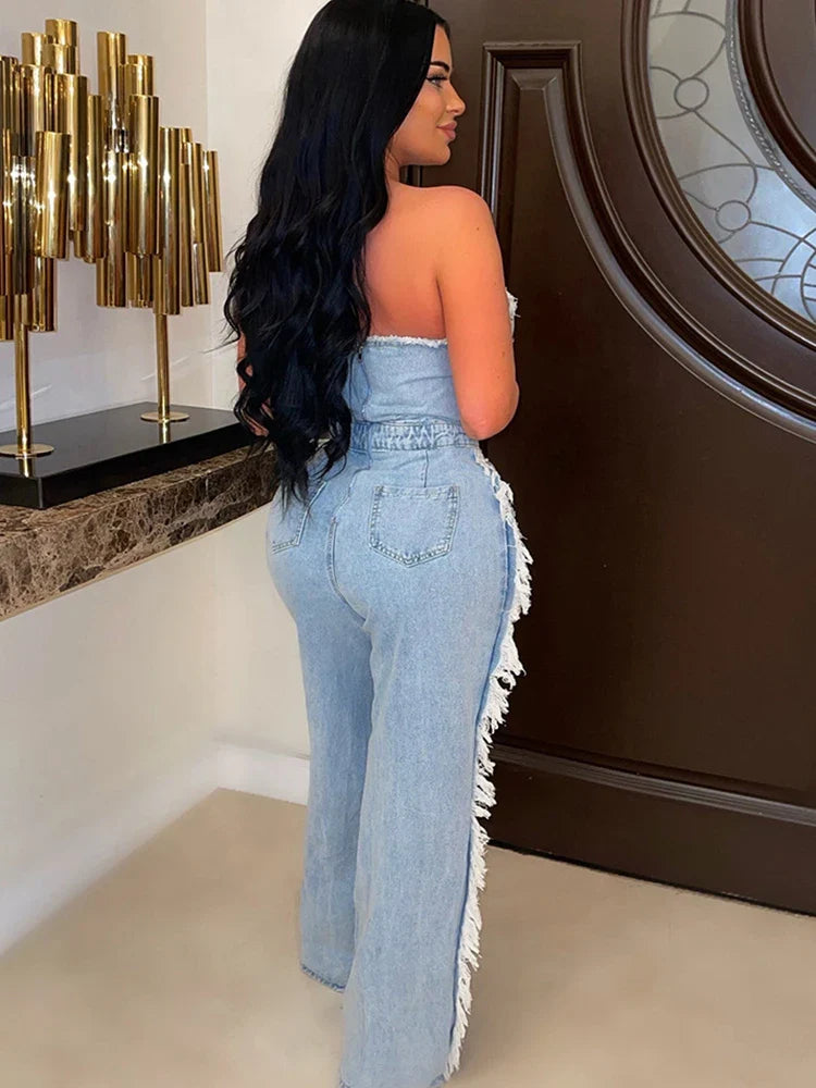 Sibybo Tassel Hollow Out Overalls For Women Studded Diamond Strapless Backless Jeans Street Fashion Trend Jumpsuite Femme