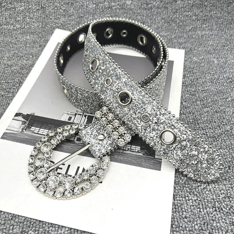 Shinning for Rhinestone Belts Women PU Leather Western Y2K Girls Belt for Jeans