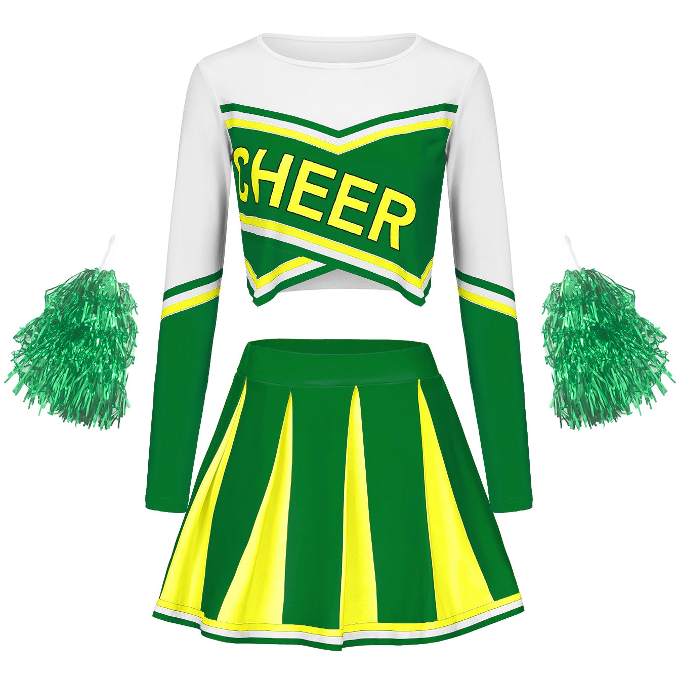 Women's Long Sleeve Cheerleader pompon Sexy Student Stage Music Performance Dress Skirt Halloween Uniform Green