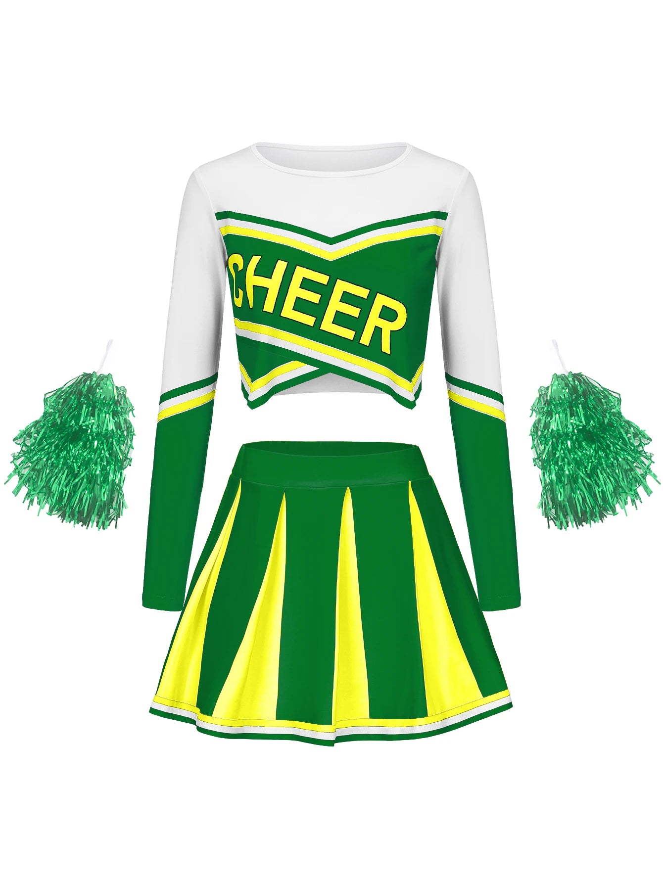 Women's Long Sleeve Cheerleader pompon Sexy Student Stage Music Performance Dress Skirt Halloween Uniform Green