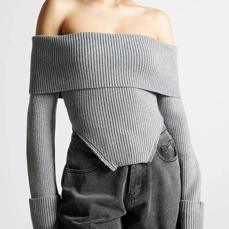 Solid Temperament Sweaters For Women Slash Neck Long Sleeve Tunic Irregular Minimalist Sweater Female Fashion Style