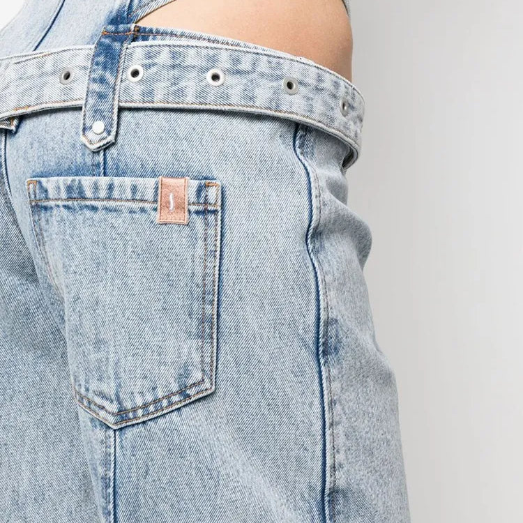 TWOTWINSTYLE Casual Cut Out Denim Trousers For Women High Waist Patchwork Belt Vintage Streetwear Jean Female Fashion Clothing
