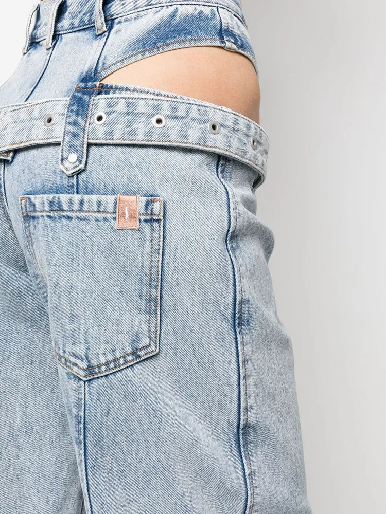TWOTWINSTYLE Casual Cut Out Denim Trousers For Women High Waist Patchwork Belt Vintage Streetwear Jean Female Fashion Clothing