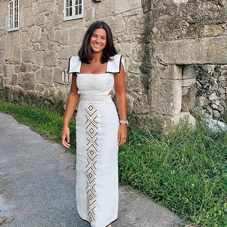 Square Neck Sleeveless Print Maxi Dress For Women Sexy Backless Lace-up Split Dresses Elegant Party Club Female Streetwear