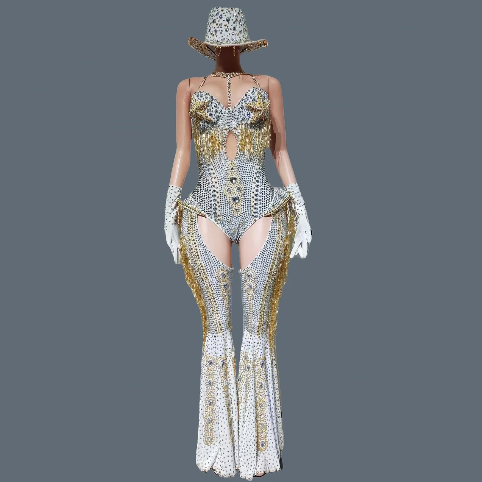 Women Sparkly Rhinestone Bodysuit 4Pieces Set Night Party Cowboy Show Outfit Cabaret Carnival Showgirl Sexy Jumpsuit Hongding