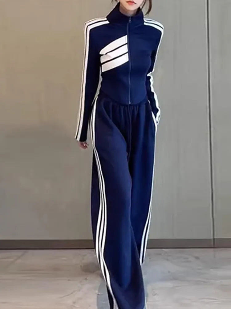 Striped Sports Set Women's Autumn/Winter Fashion Contrast Color Zipper Coat Long Sleeve Casual Wide Leg Pants Two Piece Set