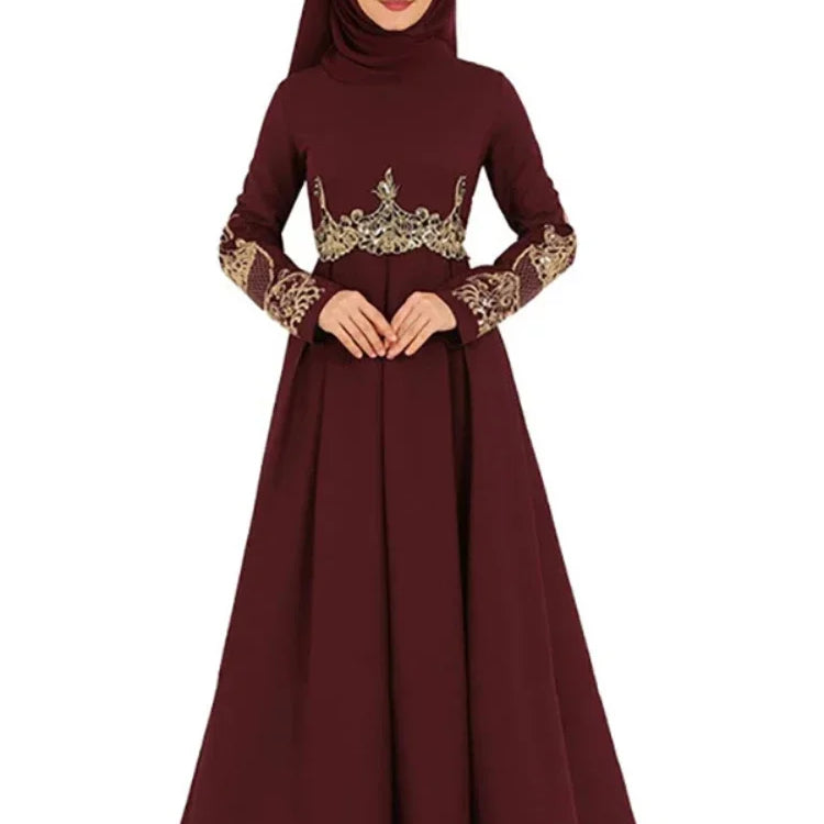 New In Women Dress NO Scarf Elegant Muslim Islam Abaya Embroidered Elastic Falbala High Waist Slim Party Robe Swing Robe Dresses Chestnut brown