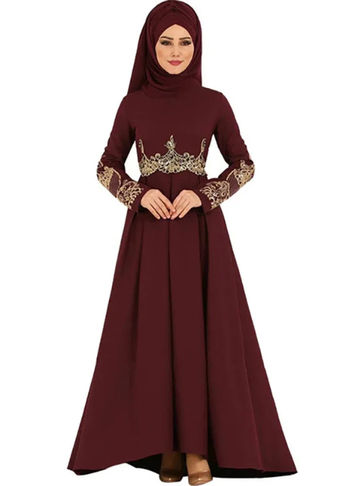 New In Women Dress NO Scarf Elegant Muslim Islam Abaya Embroidered Elastic Falbala High Waist Slim Party Robe Swing Robe Dresses Chestnut brown