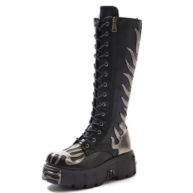 Fashion Women Punk Lace-Up Round Toe Boots For Woman's Thick Bottom Knee High Botas Mujer 2025 Motorcycle Party Platform Shoes