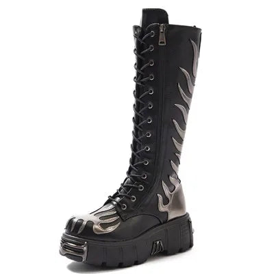 Fashion Women Punk Lace-Up Round Toe Boots For Woman's Thick Bottom Knee High Botas Mujer 2025 Motorcycle Party Platform Shoes