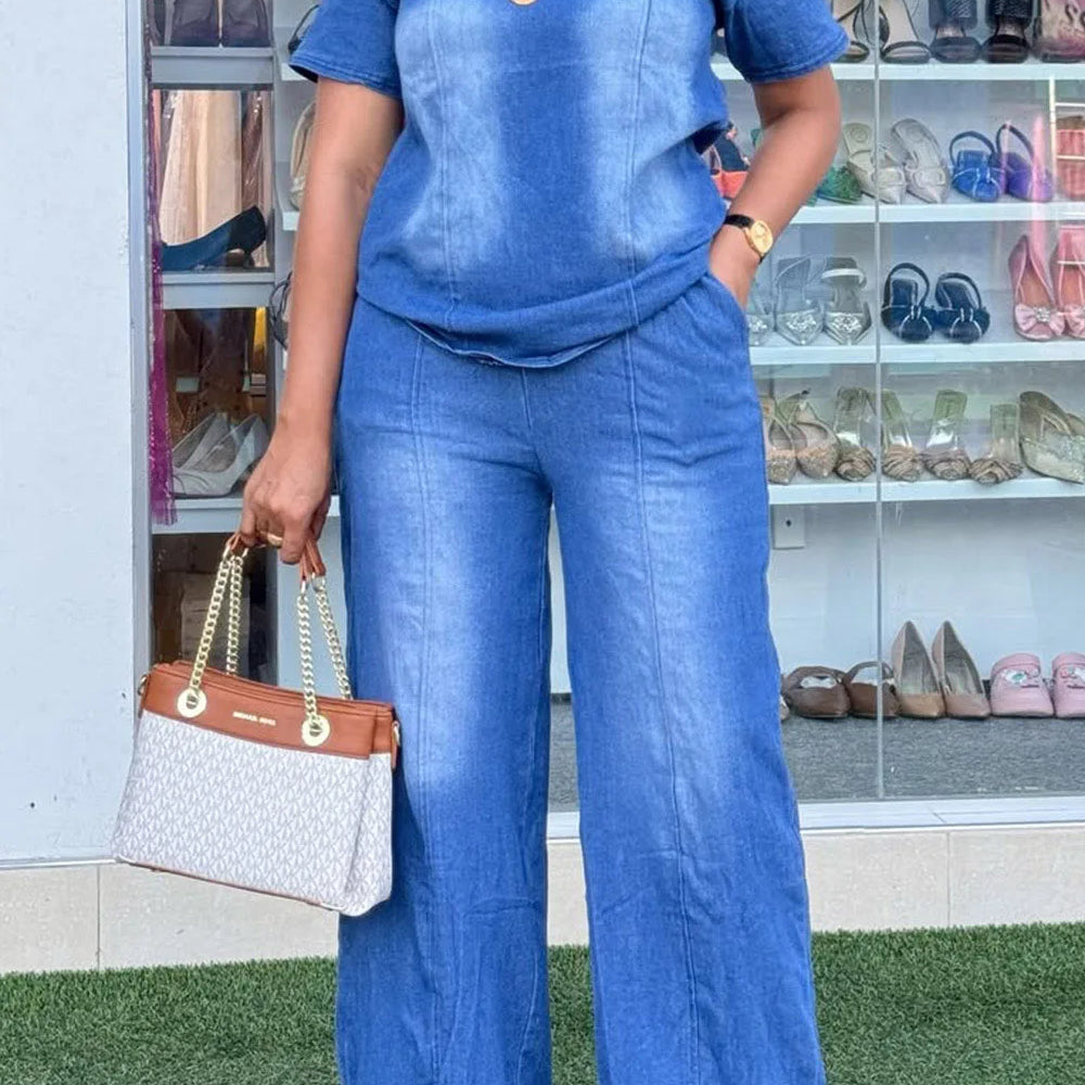 Plus Size Vacation Blue Casual Round Neck Short Sleeve Pocket Tencel Denim Two Piece Pant Sets