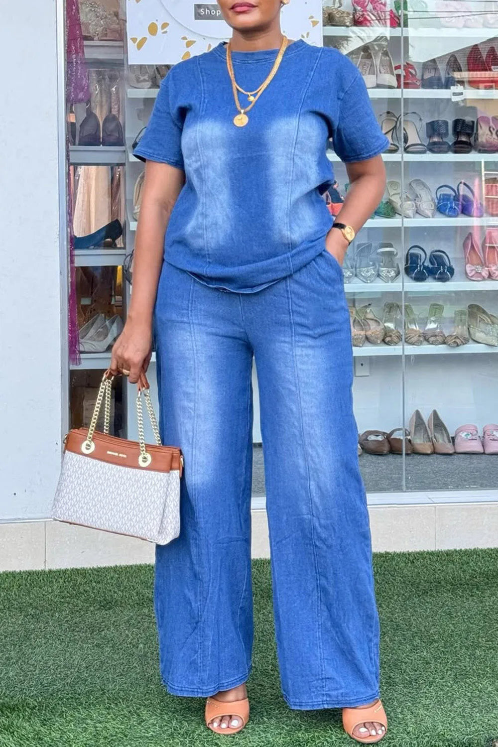 Plus Size Vacation Blue Casual Round Neck Short Sleeve Pocket Tencel Denim Two Piece Pant Sets