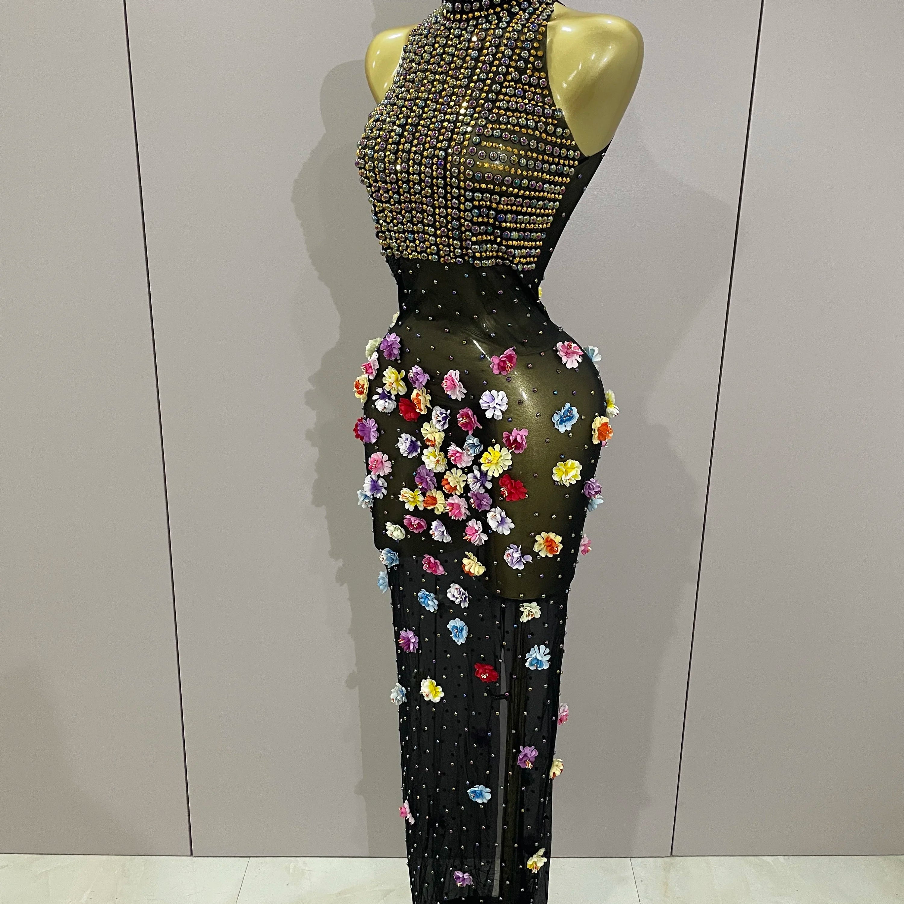 Sparkly Rhinestones Flowers Sexy See Through Long Dress 2025Women Birthday Celebrate Wedding Evening Prom Dress Photo Shoot Wear