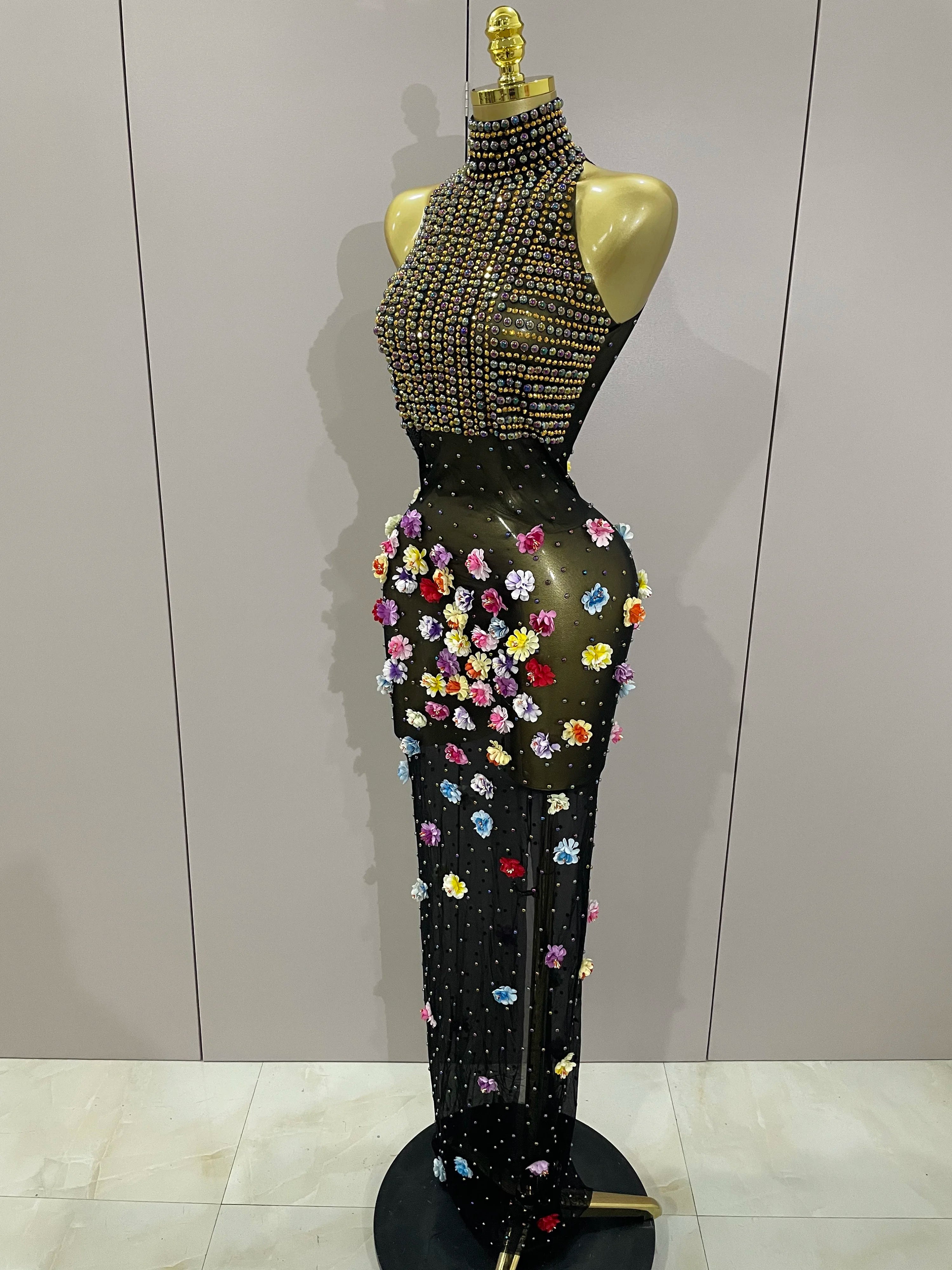 Sparkly Rhinestones Flowers Sexy See Through Long Dress 2025Women Birthday Celebrate Wedding Evening Prom Dress Photo Shoot Wear