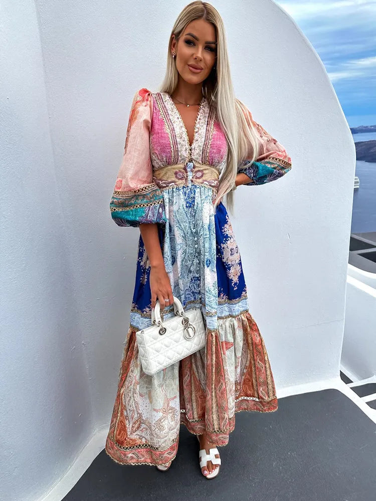 Fashion Puff Sleeve Patchwork Print Midi Dress Women Sexy V Neck High Waist Long Dresses Female Vacation Street Vestidos