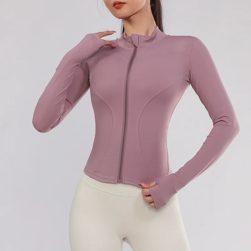 Women Gym Wear Solid Color Quick Drying Yoga Wear High Elasticity Fitness Jacket Ventilated Long Sports Shirt Women's Tracksuit pink gym jacket CHINA