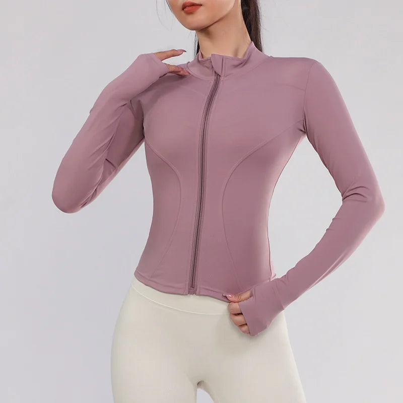 Women Gym Wear Solid Color Quick Drying Yoga Wear High Elasticity Fitness Jacket Ventilated Long Sports Shirt Women's Tracksuit pink gym jacket CHINA