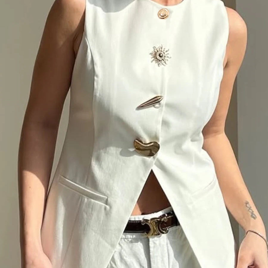 TWOTWINSTYLE Solid Slimming Split Vests for Women Round Neck Sleeveless Patchwork Irregular Button Fashion Vest Female Clothing