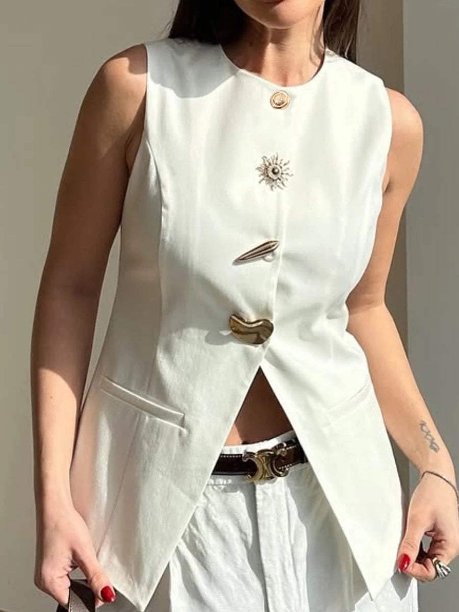 TWOTWINSTYLE Solid Slimming Split Vests for Women Round Neck Sleeveless Patchwork Irregular Button Fashion Vest Female Clothing