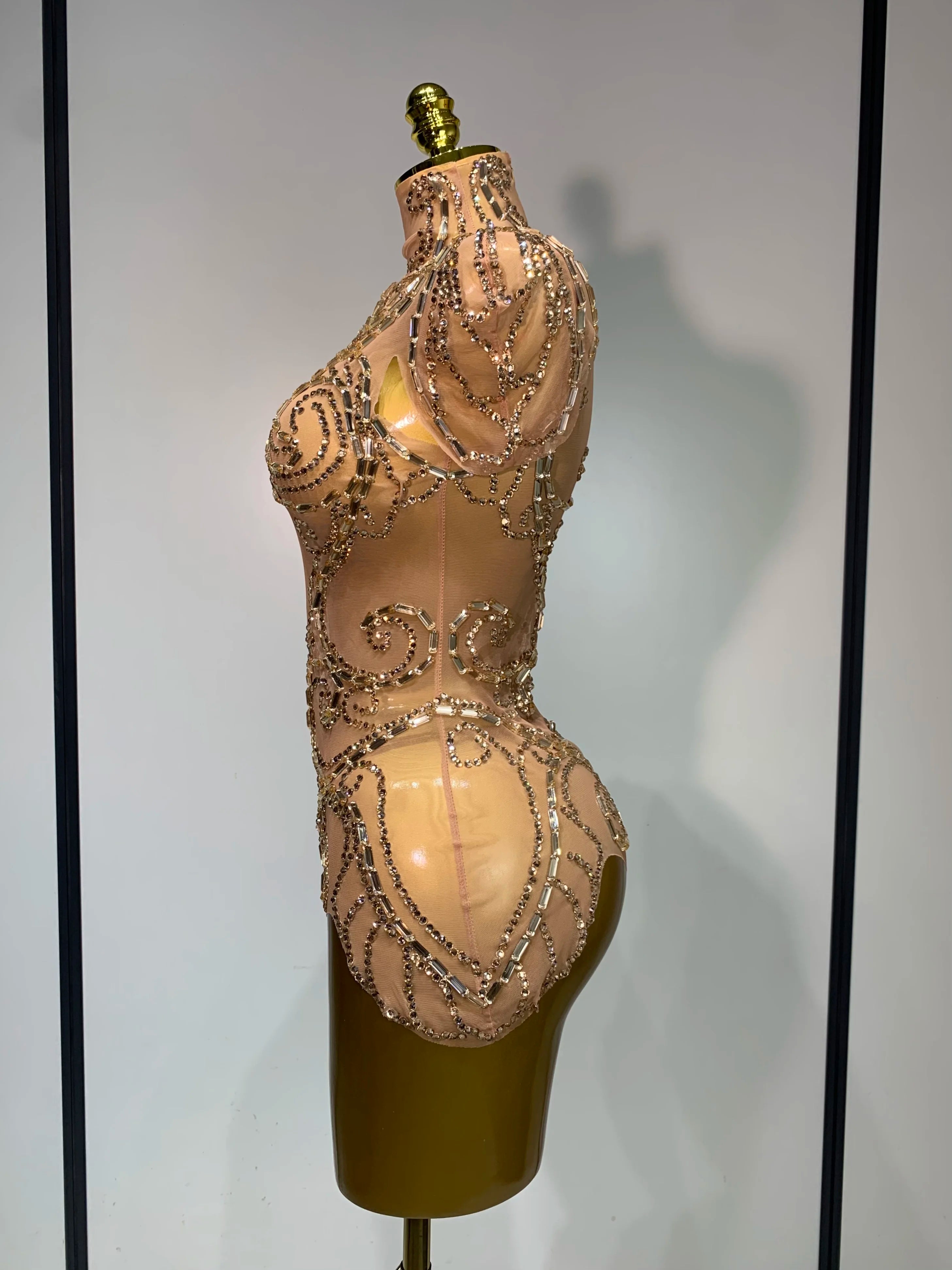 Shining Rhinestone Bodysuit Sexy Mesh See Through Dancer Birthday Evening Party Celebrate Performance Nightclub Stage Outfit